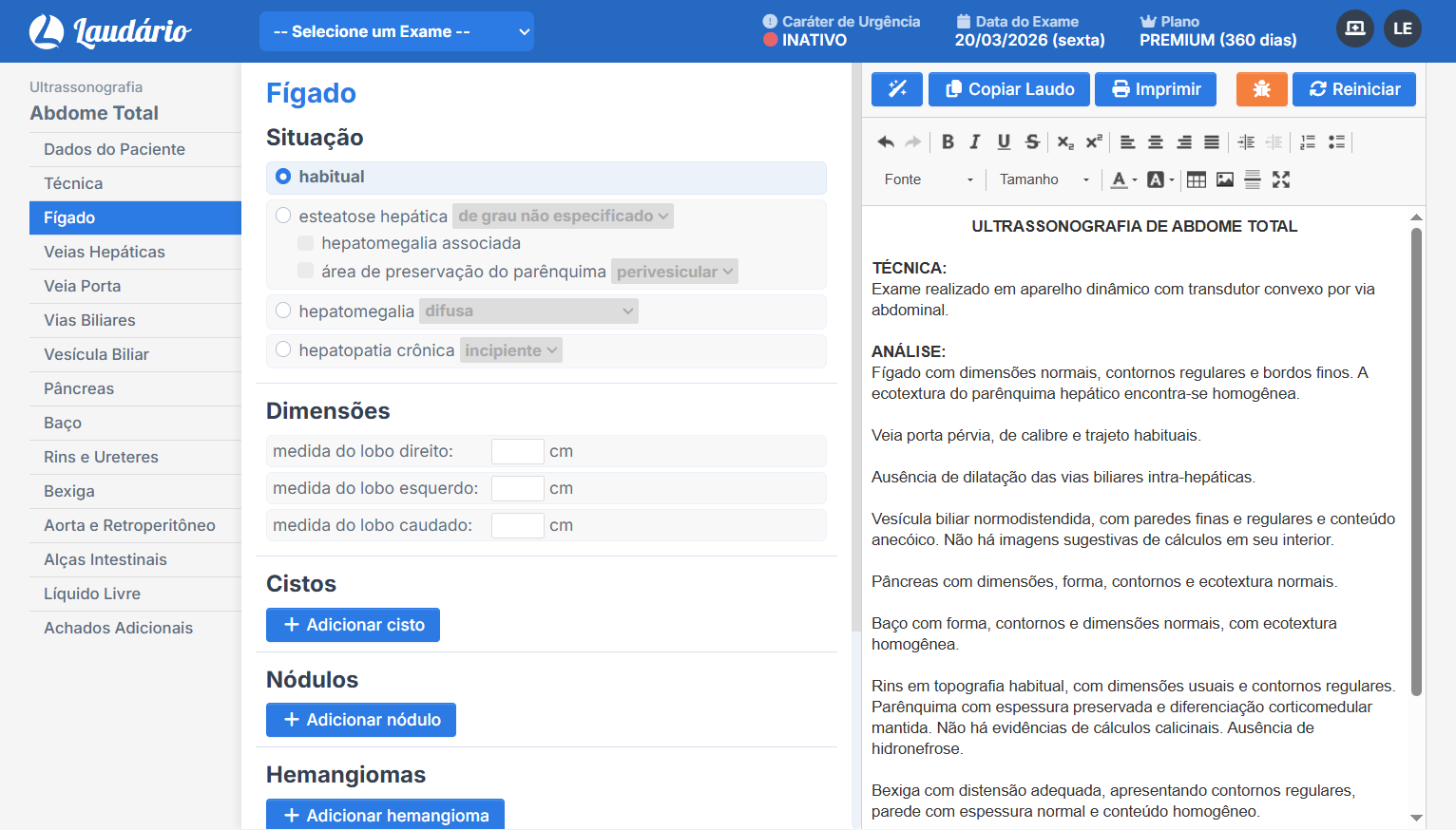 Tela principal do Laudário